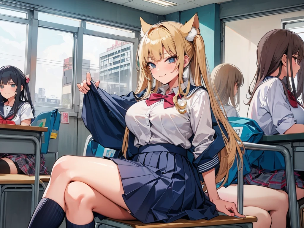 high school girl、Dressed in high 、School classroom、(Big Breasts)、((独奏))、(((alone)))、smirk,Cheek resting on hand、Crossing legs