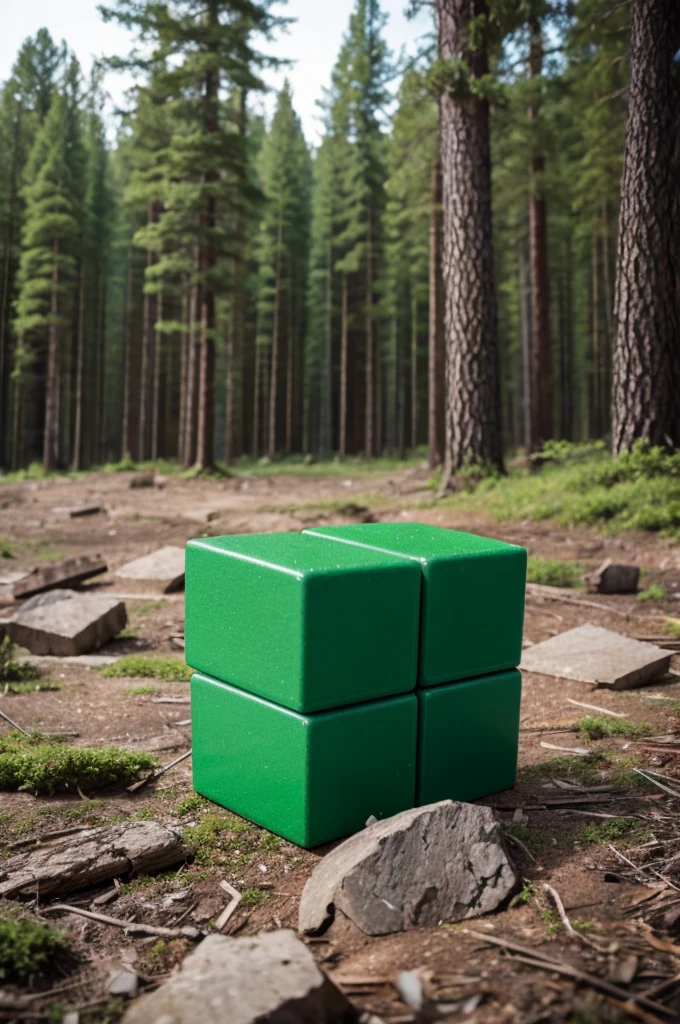 Green toy blocks in a desolate natural forest