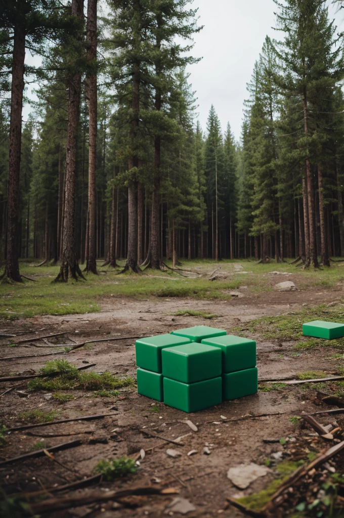 Green toy blocks in a desolate natural forest 