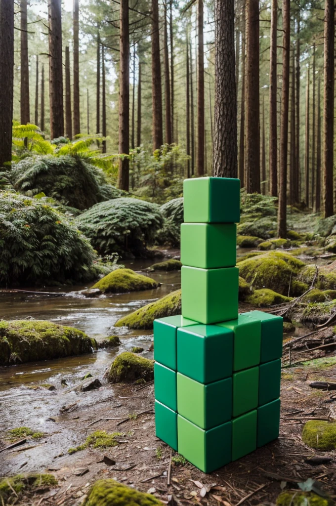 Green toy blocks in a desolate natural forest 