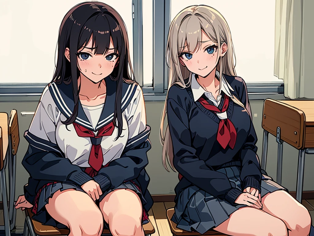 high school girl、Dressed in high 、School classroom、(Big Breasts)、((独奏))、(((alone)))、smirk,Cheek resting on hand、Crossing legs