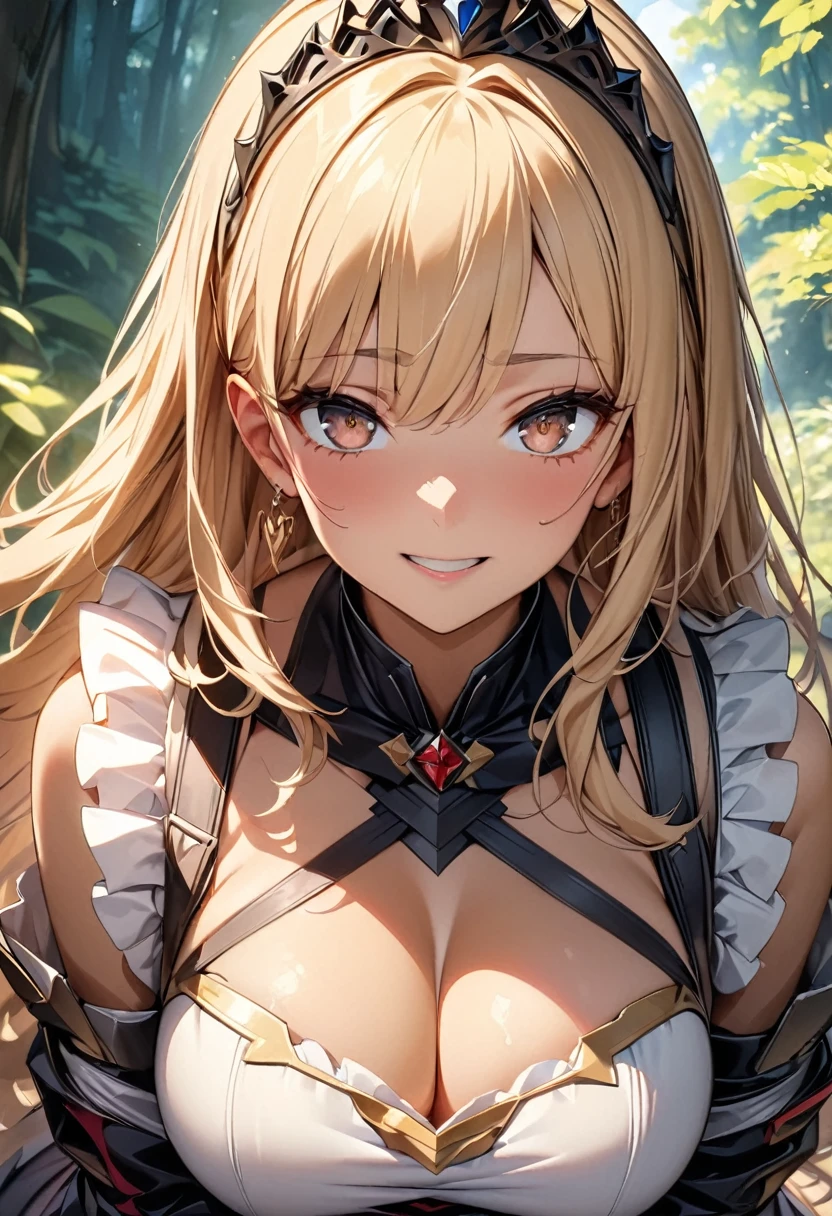 (Perfect Anatomy)、Mastepiece、Ultra High Quality、 8K、masterpiece、Highest quality、Ultra-high resolution、Maximum resolution、Very detailed、Professional Lighting、anime、Adult female、thin、so beautiful、Highly detailed eye、Highly detailed face、Armored Dress, Red and black armor, , Black decorated gorgeous tiara，Red earrings，Frilly Armor，Golden Hair, The tips of her hair are pink、Golden Eyes，White underwear、forest、Bow equipment, Equipped with a bow and arrow, female archer, Archer, Defeat the enemy on the battlefield, happy, 独奏 / 1girl、shoot a bow, Cleavage、Overall view