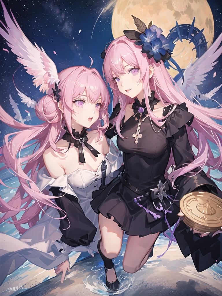 girl,full body,(detailed face:1.2), Masterpiece, fashion,black dress,, medium hair, light pink purple hair, purple pink eyes,There are wings hanging on the head.,white background,vtuber,full HD,The bat wings on the left side of the head are white.,Long hair braided in the back,Shoulder length front hair,purple highlighted hair color,There is a black choker on the neck.,full body,หน้าชัดมาก,สมบูรณ์แบบ,ลายชุดเป็นดาวสีเหลือง,ลายชุดสีเหลืองลายเงาค้างคาวที่ชายกระโปงและเสื้อ,กระโปร่งสั้นเหนือเขา,(กระโปร่งพ่อง:1.2),ปีค้างคาวบนหัวแบบทึบสีดำเล็กไม่ใหญ่