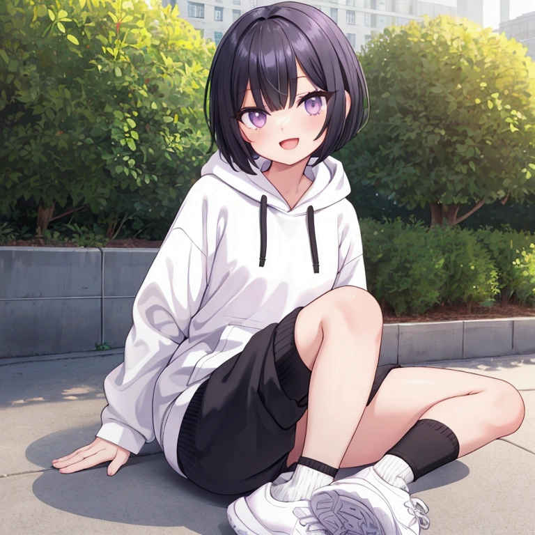 a cute lady, black short hair, bob hair, sitting at sunny park, happy smile, purple eyes, detailed pupil, detailed eyes, whole body, masterpiece, top quality, slender body, flat chest, over-sized hoodie, sneakers, white jogging wear, beautiful thigh, 短いソックス