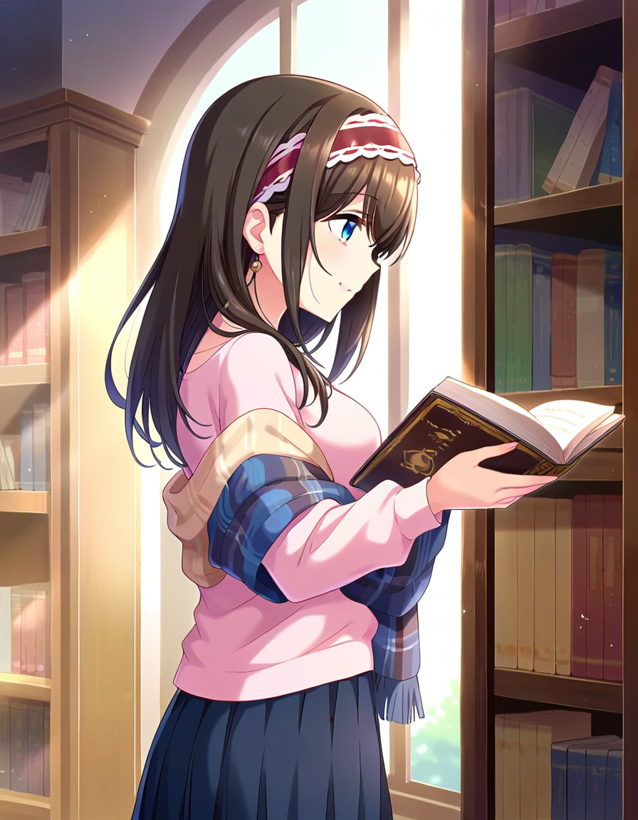 score_9, score_8_superior, score_7_superior, sauce_anime,
One girl, Cute Woman, alone, shy, Standing, Reading a book, Brown Book, smile, From the side,
indoor, library, sunlight, window,  Bookshelf, 
 sgswfmk, Long Hair, Brown Hair, Black Hair, Long bangs, (目のsuperiorの髪:1.1), blue eyes, Large Breasts, 
Red Hairband,
lipstick, Fine grain, eyelash, eyeliner, jewelry, necklace, bracelet, Earrings, 
Casual Dresses,  sweater,  Off the shoulder, clavicle,  Long sleeve, Pleated skirt, belt, pantyhose,  Checked shawl,