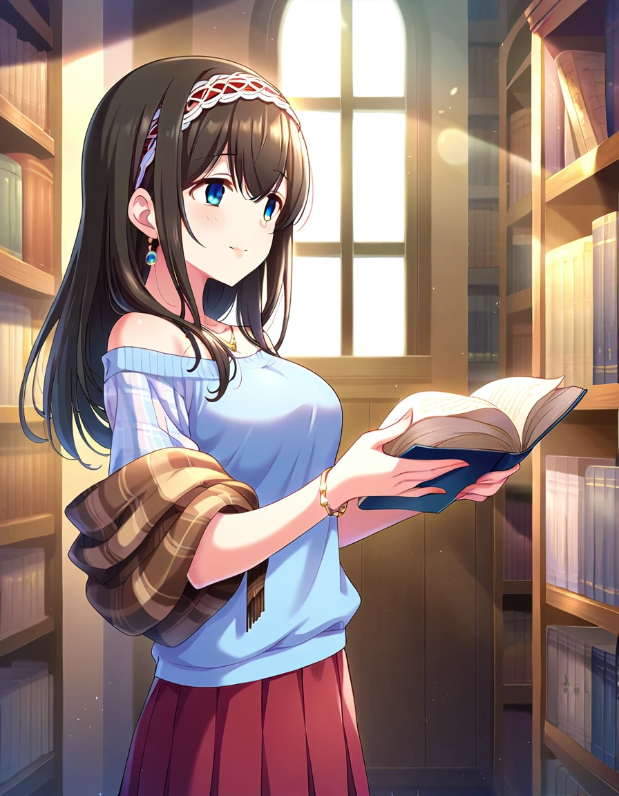 score_9, score_8_superior, score_7_superior, sauce_anime,
One girl, Cute Woman, alone, shy, Standing, Reading a book, Brown Book, smile, From the side,
indoor, library, sunlight, window,  Bookshelf, 
 sgswfmk, Long Hair, Brown Hair, Black Hair, Long bangs, (目のsuperiorの髪:1.1), blue eyes, Large Breasts, 
Red Hairband,
lipstick, Fine grain, eyelash, eyeliner, jewelry, necklace, bracelet, Earrings, 
Casual Dresses,  sweater,  Off the shoulder, clavicle,  Long sleeve, Pleated skirt, belt, pantyhose,  Checked shawl,