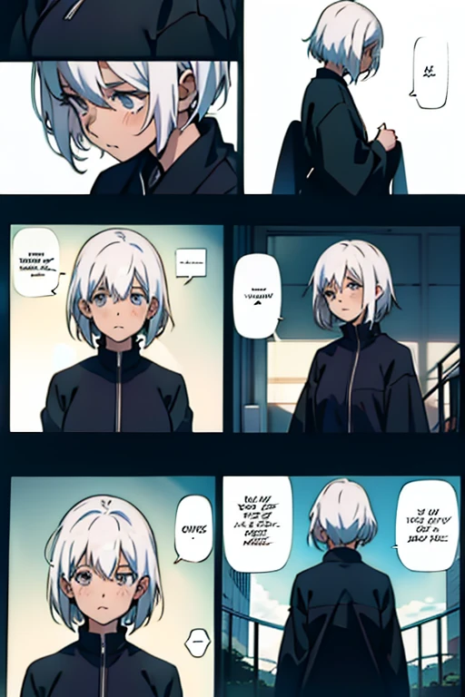 Girl with short white hair small, depressed, manga page with panels and dialogue