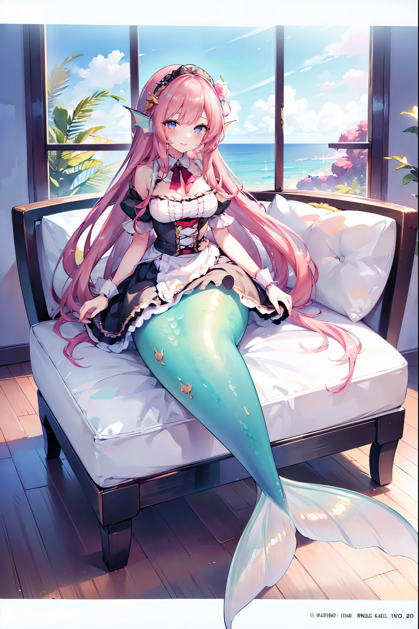 (masterpiece, best quality),A young girl,Large Breasts,Mermaid,Head fin,Long hair,maid,Silky hair,sweet smile,Maid costume,and white silk gloves,Sitting on the sofa,full-body shot,living room,sea view outside the window(Exquisite eyes),