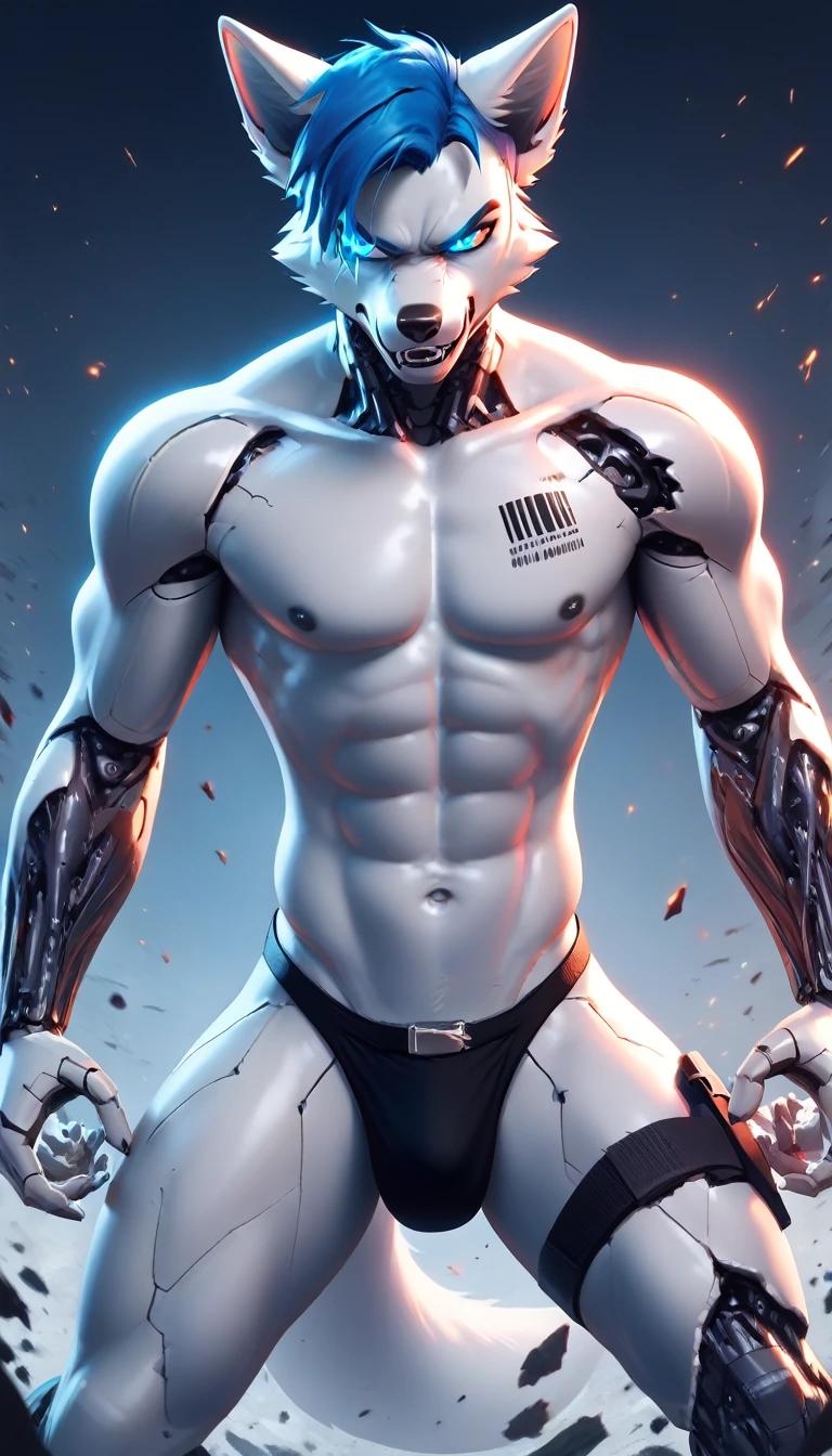 (score_9, score_8_up, score_7_up, score_6_up) BREAK (furry, source furry, uploaded on e621) BREAK robot, android, android skin, barcode tattoos, barcode tattoos on the body, (broken neck:1.2, damaged belly:1.2, cracked arms:1.2), cracked ?????, solo, male, young, ????, athletic, thin waist, white arctic fox, white fur, short messy dark blue hair, cute young face, talking, black mouth, canine teeth, glowing red robotic eyes, hard ???????, black speedo, belt, holster, mechanical components, blue mechanical parts, gun, handgun, holding handgun, hand holding handgun, fight, fighting, fighting in the laboratory, futuristic laboratory, futuristic laboratory background, angry expression, looking away, BREAK good quality, best quality, high quality, high definition, hd, 4k, 8k, masterpiece, good proportion, perfect proportion, good ???????, perfect ??????? 