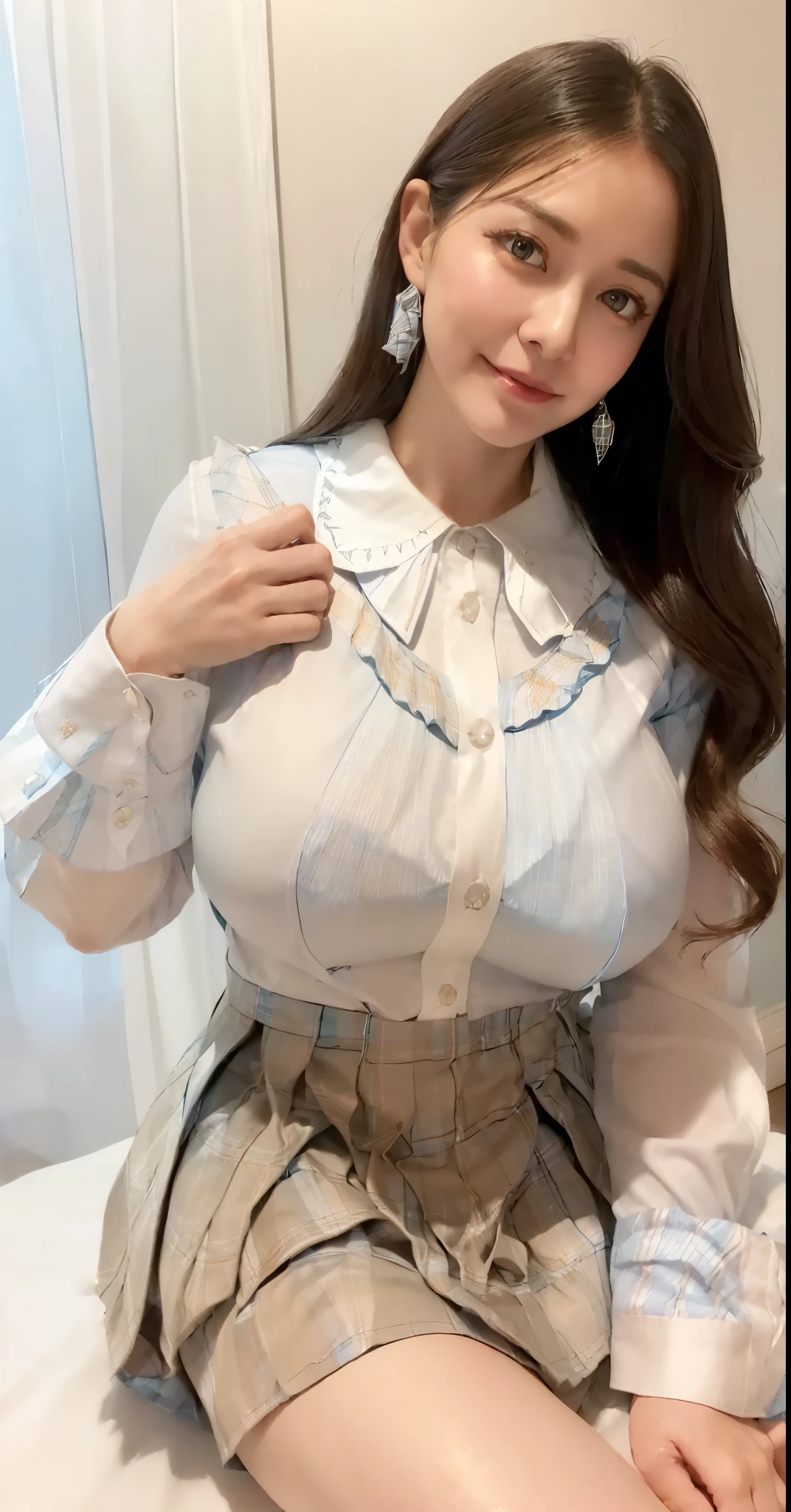 marian rivera,((White collar shirt、Light blue plaid pleated skirt:1.4)、foot, enchanting smile, closed clothes, polite attire, The face of beauty , Because I'm slender , abs:1.4, 30 years old, ((1 girl, alone)), ((full body)), ((huge breasts:1.3)), Breastfeeding A. to, (K, Raw photo, highest quality, Masterpiece 11.4), (realistic, photo-realistic:1.37), (micro:1.4), exposed , ((diamond necKlace)), earrings, glamorous, white sKin, ((in a luxurious hall), looK at viewers, thick brunette hair, long hair, (lit), dynamic pose, (), ((beautiful eyes), erotic, HDR, very detailed, ambient occlusion, nature, harmonious composition, fine art photography, beauty , excellent anatomy, exposed detail