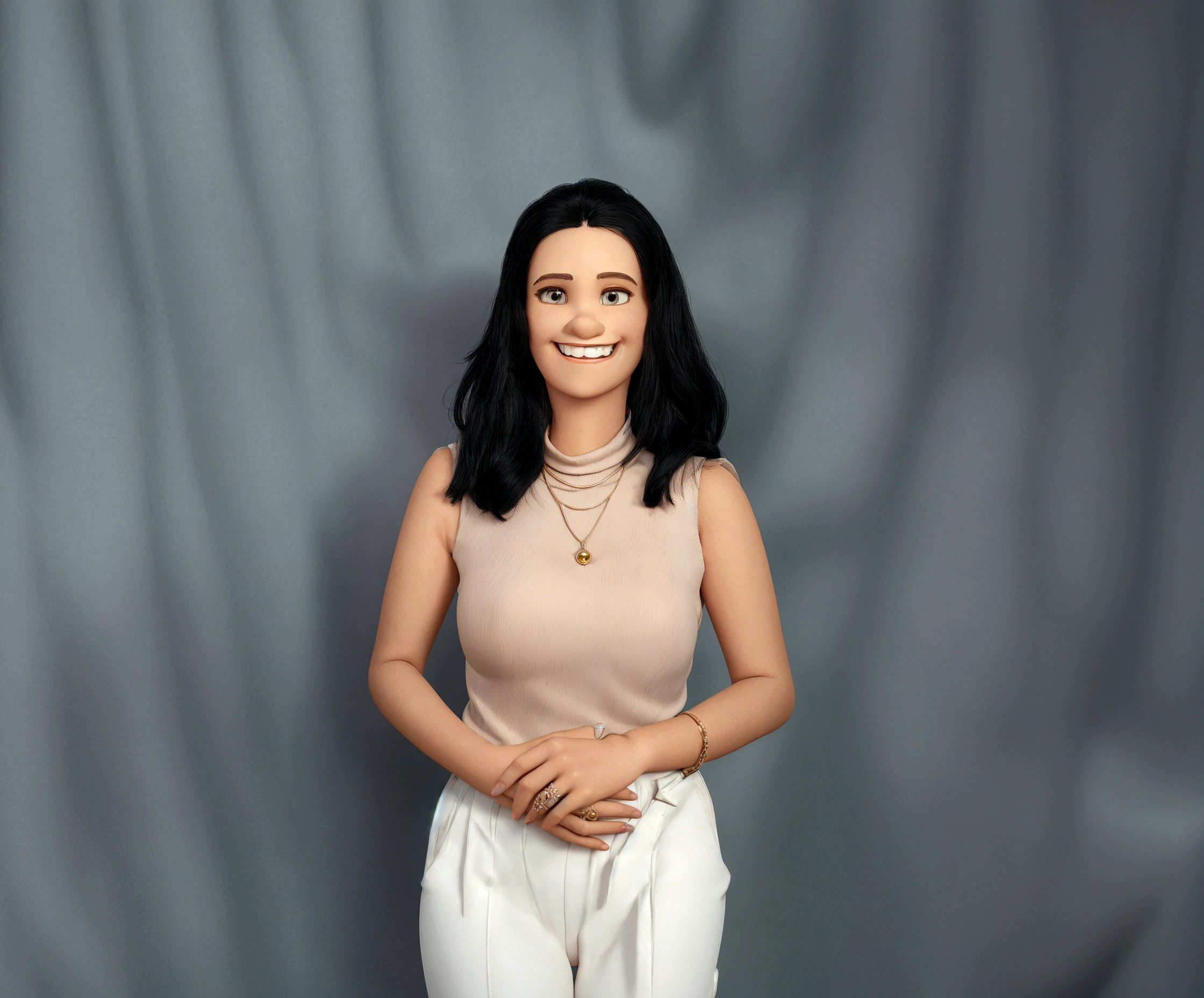 a beautiful, happy slim woman, wearing beige blouse and white pants, sleeveless turtleneck, upper body close-up, enlarged neck, upper body visible, tone, Pixar Style, ..3d, cartoon, detailed face, asymmetric 16k