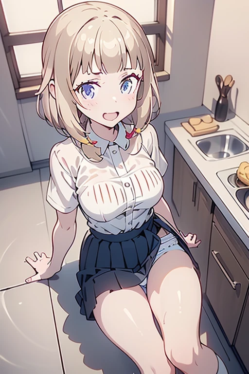 1 girl ,a infamous cafe background in italian,purple color hair、Purplish pink eyes that dreamers desire, (Blonde hair) , small stature, Colossal tits, Lori, (masutepiece:1.2, Best Quality), (finely detailed beautiful eye: 1.2), (beautifull detailed face), (Best Illumination, extremely delicate and beautiful), ((Cinematic Light)), Dramatic light, (Pale white background:1.5), Short bob hair(1:3)、Ultra Contrast、Braid a little around the ears, White long dress、only has 5 fingers、、Her pussy is visible through the white thong、Wet pants、You can see inside your underwear、full of sweat、mocking look、diaper、nffsw,Arms crossed、grab the arm、Shoot from above、The angle is as seen from below.、Best Quality、Large breastuscular pussy、Pubic hair,high-level image quality、hightquality、8K,perfect hand、5 fingers、finger pin、Perfect Finger、T back、Naked、noise cut、bullet hand、Her hair color should have been a brighter purple.The skirt part is also carefully expressed..、Purple skirt、the skirt is floating in the wind、Dark purple panties、Pubic hair majority,A scene of make cooking Carbonara Pasta in the kitchen,(with sparkling eyes and a contagious smile),open mouth, Looking at Viewer,
