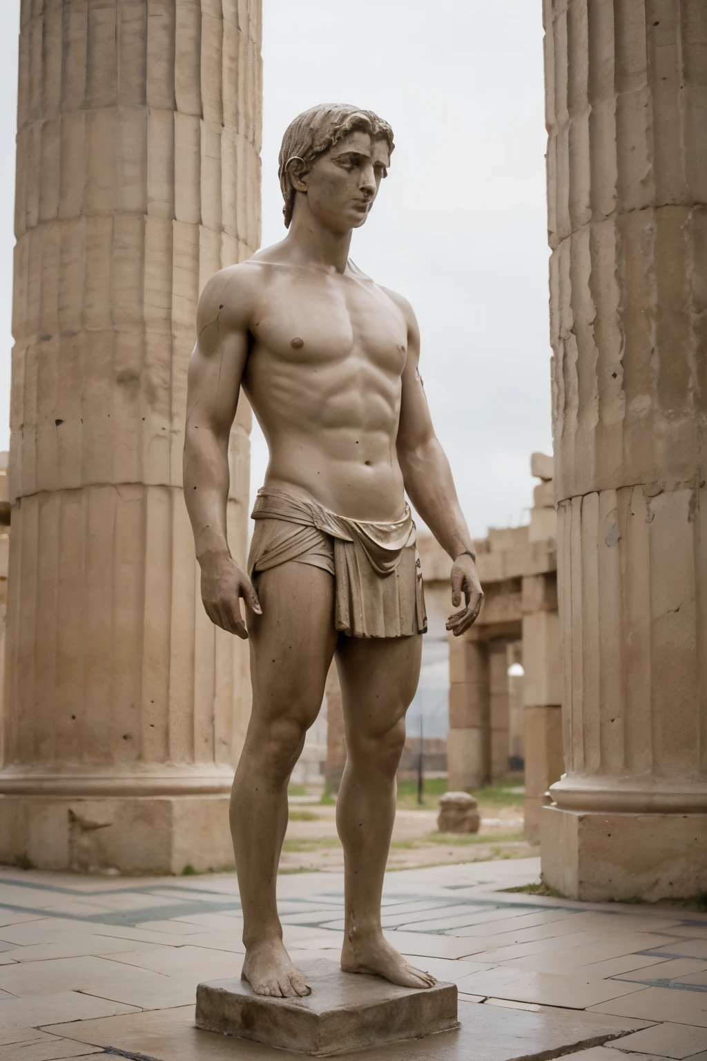 male roman graga statue, white color, very strong and defined, impose yourself, alpha, wise, serious. in ancient Greece