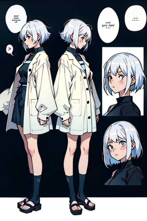 Girl with short white hair small, depressed and sick, full body shot, manga page with panels and dialogue  