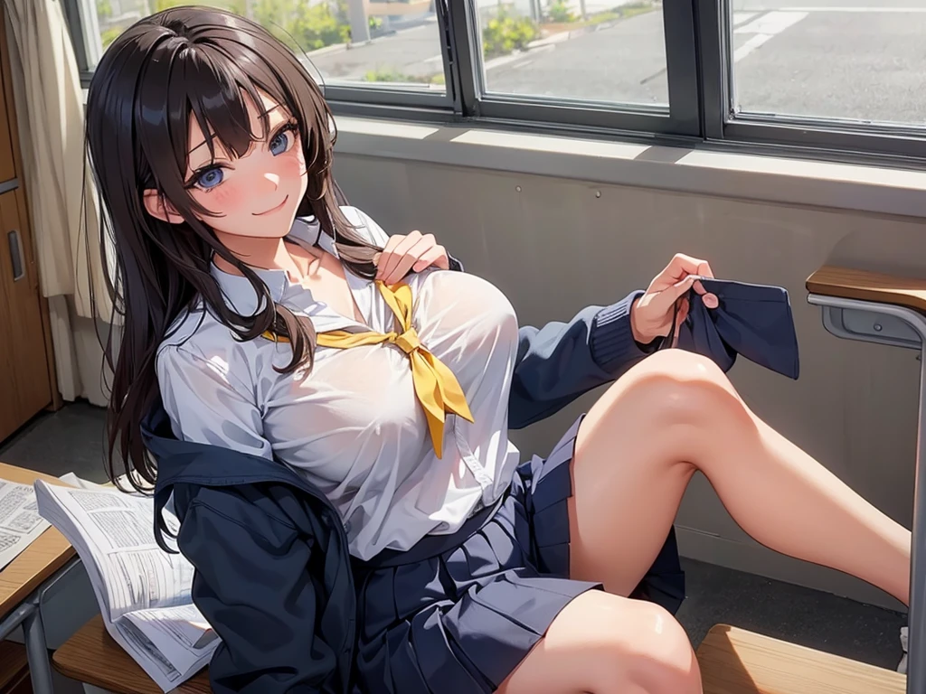 high school girl、Dressed in high 、School classroom、(Big Breasts)、((独奏))、(((alone)))、smirk,Cheek resting on hand、Crossing legs