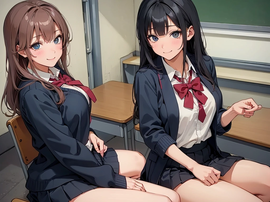 highest quality,masterpiece, ((2 girls:1.5)), (cardigan), Put your knees on your chest:1.5, (smile:1.5), ((high )), ((classroom:1.5)), blush:1.3, (White panties:1.3)