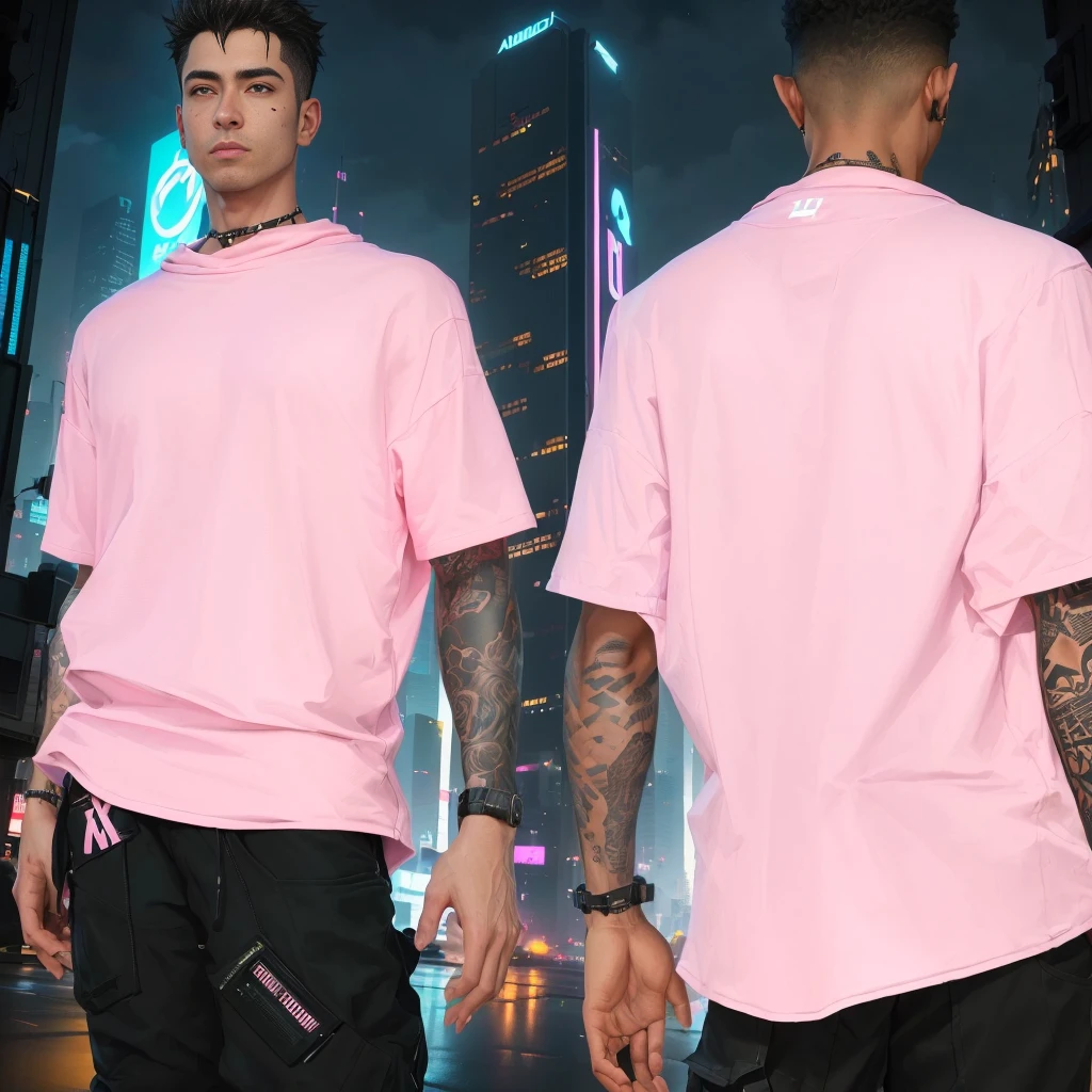 arafed man in a pink shirt standing in front of a city at night, no hood | | realistic shaded, cyberpunk streetwear, wearing cyberpunk streetwear, casual streetwear, imvu, artstation mans aesthetic, aesthetic!!!!, realistic clothing, pink vibe, inspired by Aleksander Gine, hyper realistic”, hyper realistic ”, aesthetic!!!!!, aesthetic!!, 2 k aesthetic