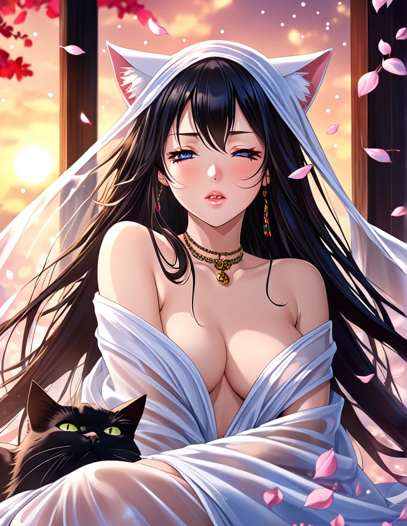a beautiful white kitsune, big breasts, slim waist, detailed portrait, intricate details, chiaroscuro lighting, dramatic lighting, mystical, elegant, sensual, long white tail, (best quality,4k,8k,highres,masterpiece:1.2),ultra-detailed,(realistic,photorealistic,photo-realistic:1.37),anime style,red right eye,purple left eye