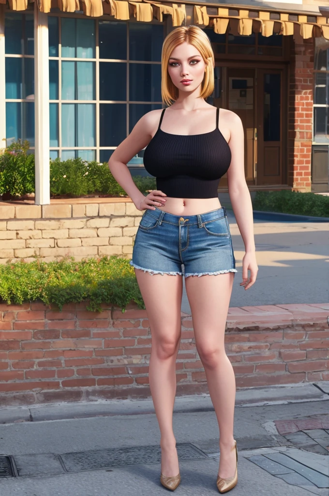 Mini short jeans skirt, grey seamless ribbed cami top with shoulder straps, size small, ,   belly bottom, masterpiece, best quality, highly detailed, ultra high res, (photorealistic:1.8), unreal_engine, photograph, realistic_skin_texture, rialistic photo、Real Images、Top image quality、​masterpiece, white skin color, gold hair, full body standing, outdoor, Main Street, Scrawny:1.7,