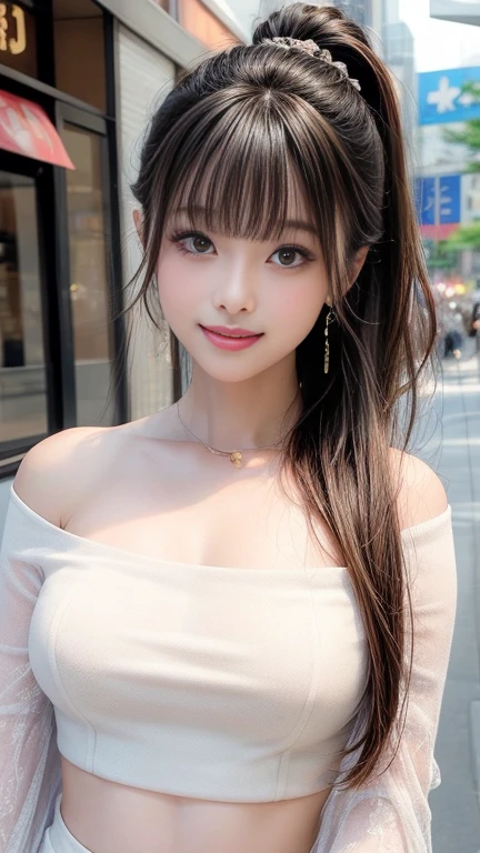 highest quality、Natural Lip、Fair skin、Great light、Beautiful lighting、((Straight hair))、((Ponytail Hair))、((Black Hair))、Blunt bangs、Off the shoulder、Large Breasts、Large Breasts Cleavage、White crop top、mini skirt、Gorgeous Accessories、Harajuku、smile、cute smile、Crowds in the city