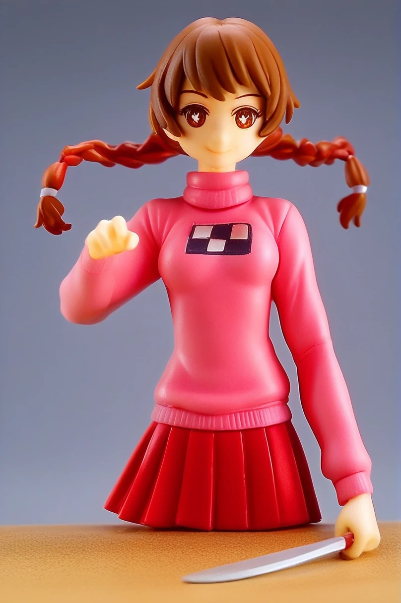 (pvc figure style:1.4), figure,score_9, score_8_up, score_7_up, score_6_up, score_5_up, score_4_up, source_anime, madotsuki, braid, hair over shoulder, long hair, twin braids, twintails, brown hair, brown eyes, long sleeves, pink sweater, pleated skirt, red skirt, skirt, sleeves past wrists, sweater, holding kitchen knife, AFKJourneyXLP, musical note, epic pose, bright pupils, particles around, splash art, looking at viewer, cowboy shot, dynamic pose, wide shot, solo, dutch angle, teenager, figure, (best quality, masterpiece), traditional media, basic background, blurry background, cowboy shoot:1.3, (foggy background, inside, clear room, on table:1.2) 