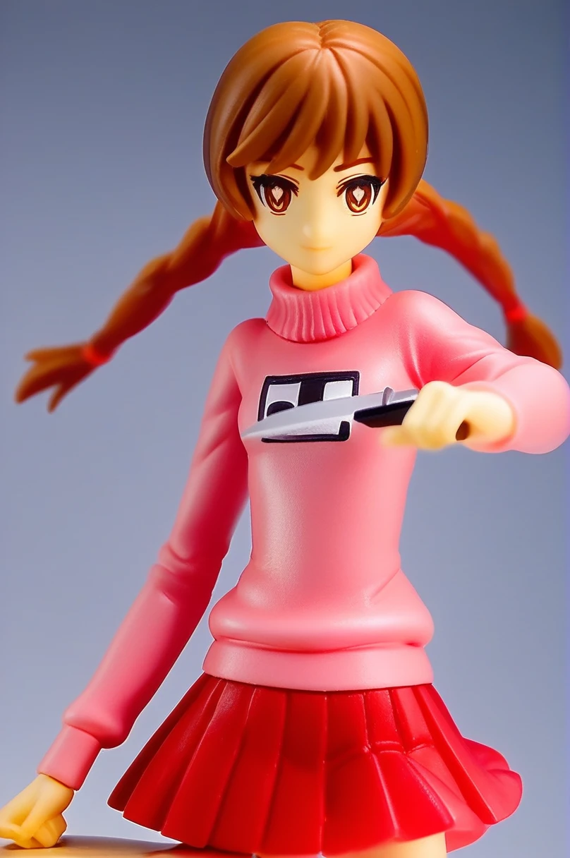 (pvc figure style:1.4), figure,score_9, score_8_up, score_7_up, score_6_up, score_5_up, score_4_up, source_anime, madotsuki, braid, hair over shoulder, long hair, twin braids, twintails, brown hair, brown eyes, long sleeves, pink sweater, pleated skirt, red skirt, skirt, sleeves past wrists, sweater, holding kitchen knife, AFKJourneyXLP, musical note, epic pose, bright pupils, particles around, splash art, looking at viewer, cowboy shot, dynamic pose, wide shot, solo, dutch angle, teenager, figure, (best quality, masterpiece), traditional media, basic background, blurry background, cowboy shoot:1.3, (foggy background, inside, clear room, on table:1.2)