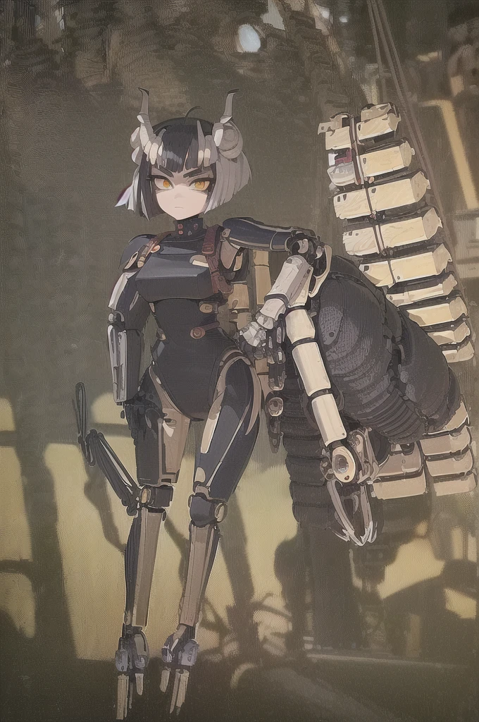((masterpiece, best quality)), (1girl), (solo), (female focus), ((Furry)), ((Anime art style)), (((Singular horn on left side of head))), ((half human half snake hybrid)), (((Messy bob-cut with bangs))), (((rounded anime eyebrows))), (((Anime snake eyes))), ((((((mechanical limbs attached to limbless female body)))))), cowboy shot
