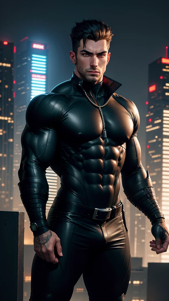 a handsome muscular male spy in a tight black spy costume, highly detailed face, beautiful eyes, sharp facial features, big pectorals, muscular build, oppai, super buff, on top of a skyscraper, city skyline in the background, cyberpunk style, high resolution, strong and imposing, thicc, hiding in the rooftops, dramatic lighting, cinematic, photorealistic