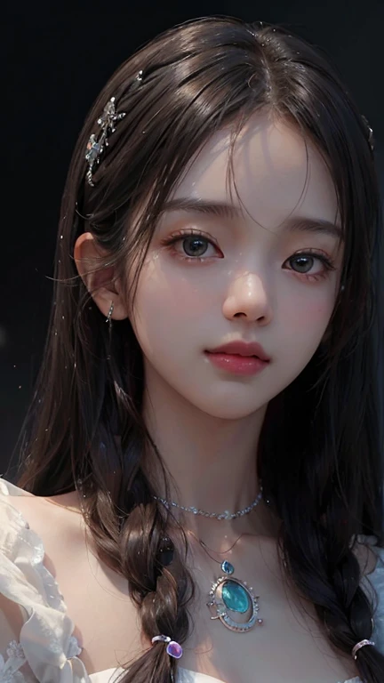 (Hyper-realistic) , (illustratio), (Increase the resolution), (8K), (extremely detaile), (Most Best Illustration), (Beautiful and delicate eyes), (best qualtiy), (ultra - detailed), (tmasterpiece), ( the wallpaper), (Detailed face), solo,1个Giant Breast Girl, looking at viewert, exquisite detailing, Detailed face, deep shading,low tune,pureerosfaceace_V1, ssmile,long whitr hair,Black shawl straight hair,46 points oblique bangs,Best quality、tmasterpiece、A high resolution、1girll、hair adornments、choker necklace、jewely、pretty face、Physically、Tyndall effect、realisticlying、Shadow Studio、edge lit、bicolor lighting、(highdetailskin:1.2)、8K, Ultra HD、Digital SLR、softlighting、high high quality、volumettic light、sneak shot、photore、A high resolution、4K、8K, Yes、The background is blurred out,