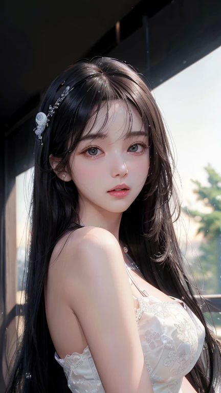 (Hyper-realistic) , (illustratio), (Increase the resolution), (8K), (extremely detaile), (Most Best Illustration), (Beautiful and delicate eyes), (best qualtiy), (ultra - detailed), (tmasterpiece), ( the wallpaper), (Detailed face), solo,1个Giant Breast Girl, looking at viewert, exquisite detailing, Detailed face, deep shading，low tune,pureerosfaceace_V1, ssmile,long whitr hair，Black shawl straight hair，46 points oblique bangs，Best quality、tmasterpiece、A high resolution、1girll、hair adornments、choker necklace、jewely、pretty  face、Physically、Tyndall effect、realisticlying、Shadow Studio、edge lit、bicolor lighting、（highdetailskin：1.2）、8K, Ultra HD、Digital SLR、softlighting、high high quality、volumettic light、sneak shot、photore、A high resolution、4K、8K, Yes、The background is blurred out，