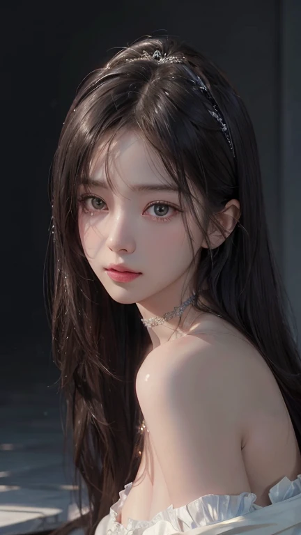(Hyper-realistic) , (illustratio), (Increase the resolution), (8K), (extremely detaile), (Most Best Illustration), (Beautiful and delicate eyes), (best qualtiy), (ultra - detailed), (tmasterpiece), ( the wallpaper), (Detailed face), solo,1个Giant Breast Girl, looking at viewert, exquisite detailing, Detailed face, deep shading，low tune,pureerosfaceace_V1, ssmile,long whitr hair，Black shawl straight hair，46 points oblique bangs，Best quality、tmasterpiece、A high resolution、1girll、hair adornments、choker necklace、jewely、pretty  face、Physically、Tyndall effect、realisticlying、Shadow Studio、edge lit、bicolor lighting、（highdetailskin：1.2）、8K, Ultra HD、Digital SLR、softlighting、high high quality、volumettic light、sneak shot、photore、A high resolution、4K、8K, Yes、The background is blurred out，