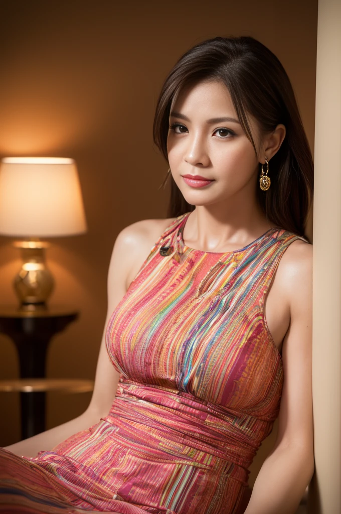Masseter muscle area, Highest quality, masterpiece, High resolution, Photorealistic, RAW Photos, 8k wallpaper, perfection, Professional Lighting, Very detailed, Written boundary depth, ((One beautiful woman)), (( 40 year old women)), (In the hotel lobby), ((Brightly colored and patterned dresses)), ((Look into the viewer's eyes)), Detailed face, Beautiful Eyes, (Sit with good posture and facing forward), bangs, Shapely small , ( Looks), Light brown straight hair, (Thick lips), ((Place your arms between your legs))