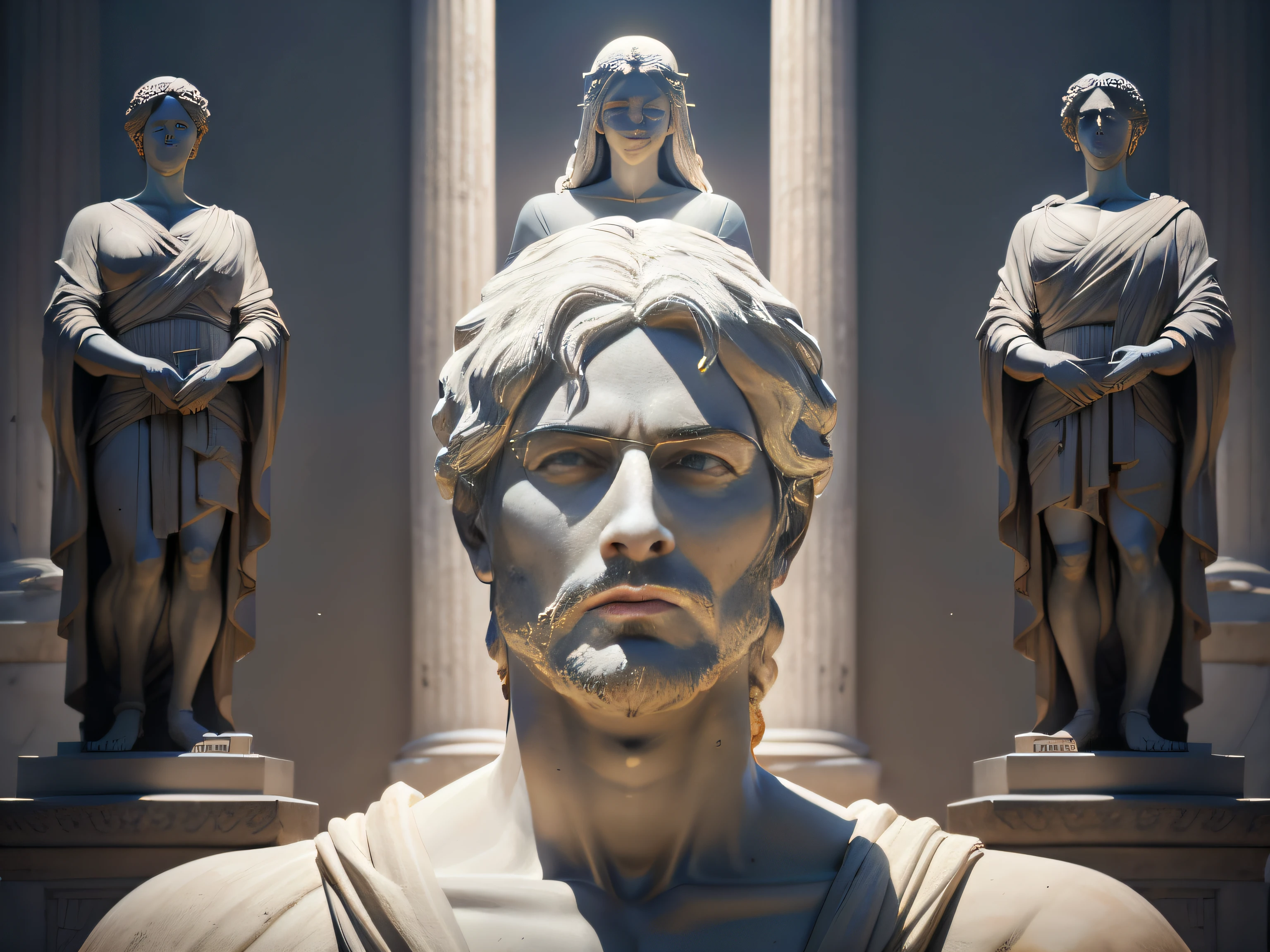 Illustrate a mesmerizing 8K scene that reveals a montage of renowned Greek figures from around 250 BC.c., their faces immortalized in sculpted forms amid an atmosphere full of intrigue. Use lighting skillfully to envelop the statues in evocative shadows, channeling the essence of their transformative roles in shaping history.