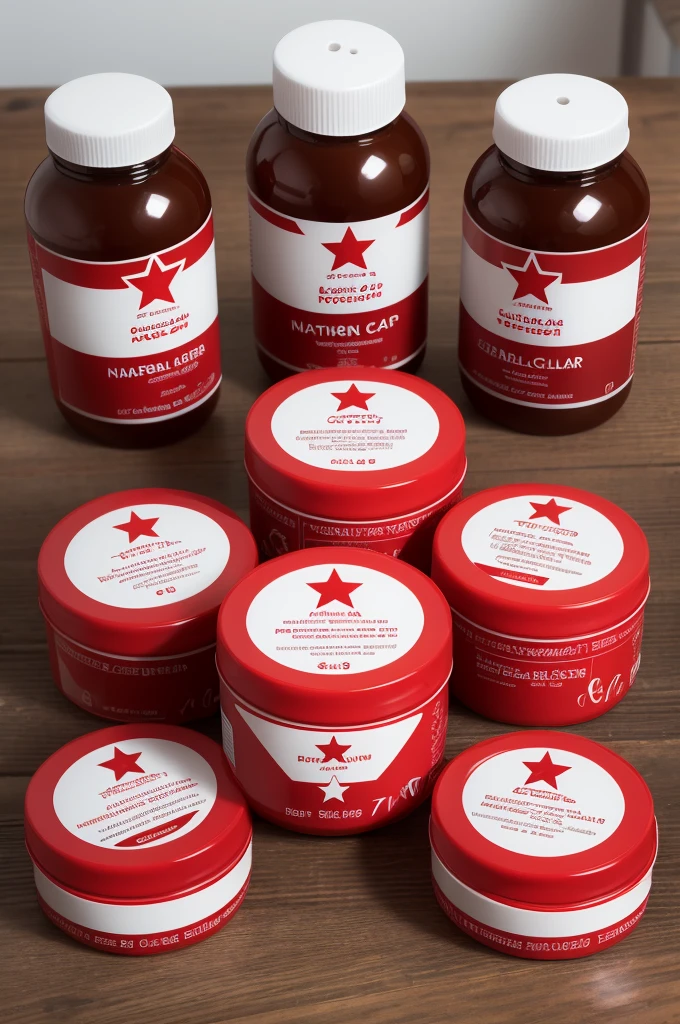 Create a hair product image with natural hair creams, the name of the packaging will be Red night with a red star 