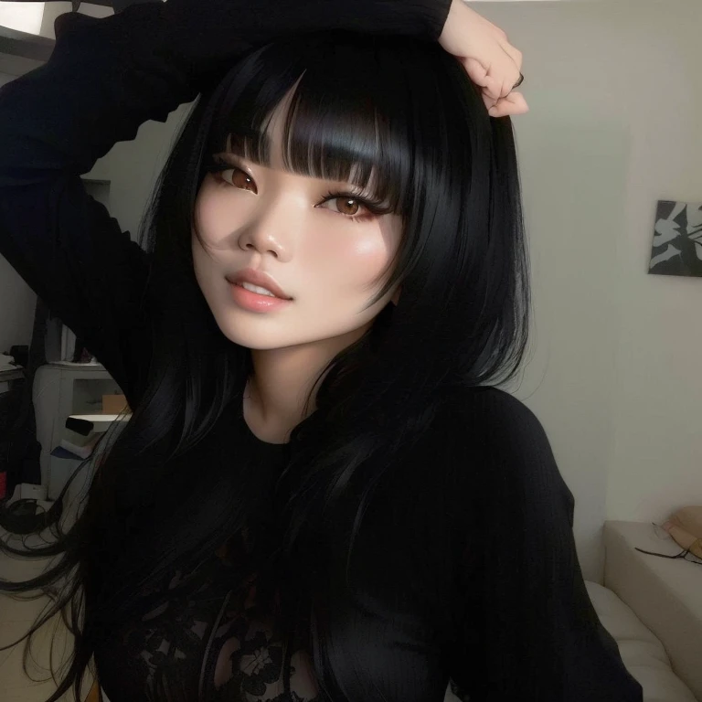 Shaggy Asian woman with long black hair and bangs posing for a photo, she has black hair with bangs, korean, ulzzang, garota gótica korean cruel, long black hair with bangs, linda mulher sul-korean, long straight bangs, with bangs, with full bangs, long dark hair with bangs, long hair with full bangs, neat hair with bangs