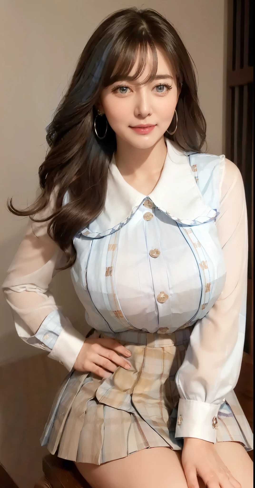 marian rivera,((White collar shirt、Light blue plaid pleated skirt:1.4)、foot, enchanting smile, closed clothes, polite attire, The face of beauty , Because I&#39;m slender , abs:1.4, 30 years old, ((1 girl, alone)), ((full body)), ((huge breasts:1.3)), Breastfeeding A. to, (K, Raw photo, highest quality, Masterpiece 11.4), (realistic, photo-realistic:1.37), (micro:1.4), exposed , ((diamond necKlace)), earrings, glamorous, white sKin, ((in a luxurious hall), looK at viewers, thick brunette hair, long hair, (lit), dynamic pose, (), ((beautiful eyes), erotic, HDR, very detailed, ambient occlusion, nature, harmonious composition, fine art photography, beauty , excellent anatomy, exposed detail