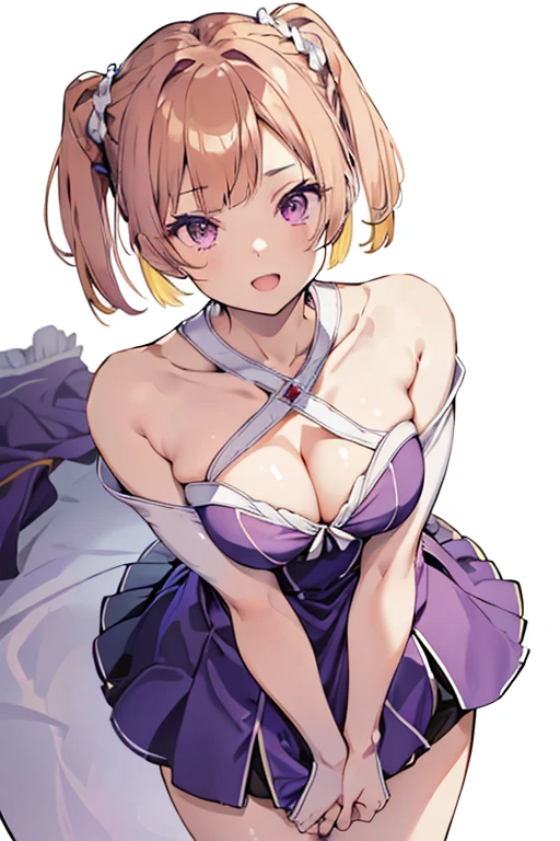 1 girl ,(from above:1.2),purple color hair、Purplish pink eyes that dreamers desire, (Blonde hair) , small stature, Colossal tits, Lori, (masutepiece:1.2, Best Quality), (finely detailed beautiful eye: 1.2), (beautifull detailed face), (Best Illumination, extremely delicate and beautiful), ((Cinematic Light)), Dramatic light, (Pale white background:1.5), Short bob hair(1:3)、Ultra Contrast、Braid a little around the ears, White long dress、only has 5 fingers、、Her pussy is visible through the white thong、Wet pants、You can see inside your underwear、full of sweat、mocking look、diaper、nffsw,Arms crossed、grab the arm、Shoot from above、The angle is as seen from below.、Best Quality、Large breastuscular pussy、Pubic hair,high-level image quality、hightquality、8K,perfect hand、5 fingers、finger pin、Perfect Finger、T back、Naked、noise cut、bullet hand、Her hair color should have been a brighter purple.The skirt part is also carefully expressed..、Purple skirt、the skirt is floating in the wind、Dark purple panties、Pubic hair majority,A scene of make cooking Carbonara Pasta in the kitchen,(with sparkling eyes and a contagious smile),open mouth, Looking at Viewer,