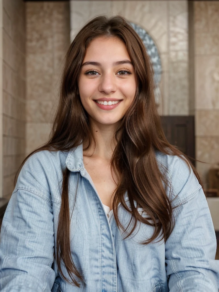 one cute women, 20YO, white, Arab, cute face, realistic brown eyes, blue jacket, brown hair, cute smile, skinny face, white realistic teethes, big eyes, long hair