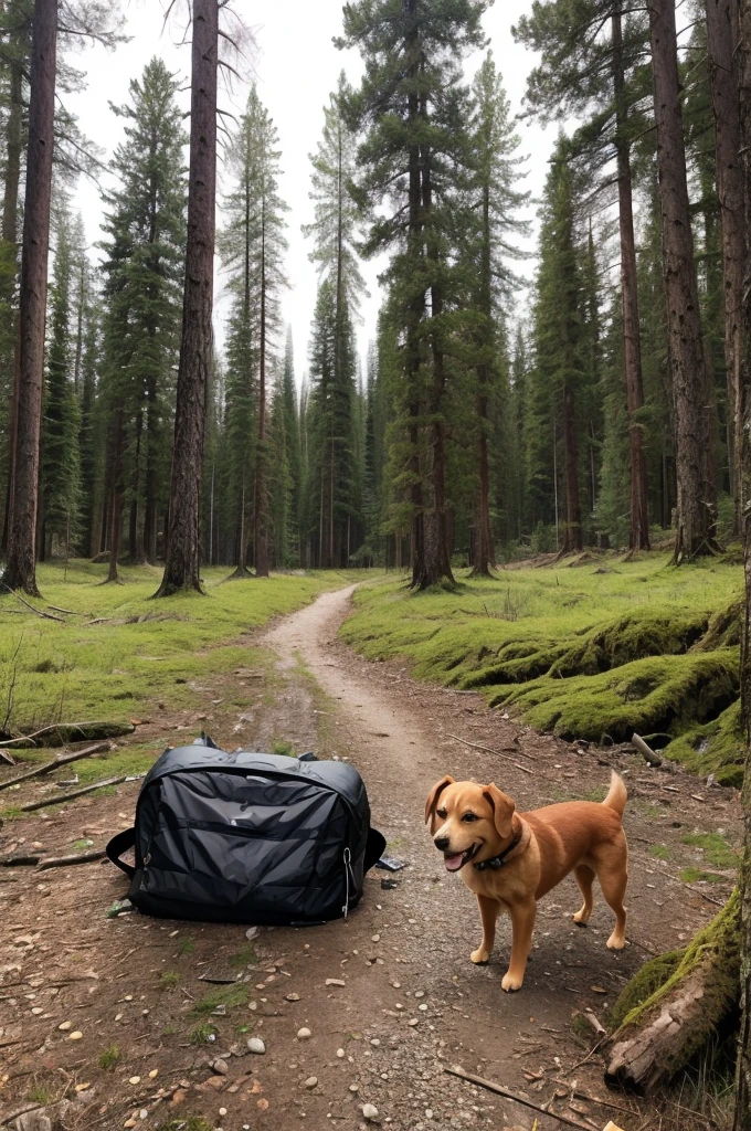 Bags of dog kibble in a desolate natural forest 