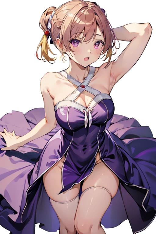 1 girl ,(from above:1.2),purple color hair、Purplish pink eyes that dreamers desire, (Blonde hair) , small stature, Colossal tits, Lori, (masutepiece:1.2, Best Quality), (finely detailed beautiful eye: 1.2), (beautifull detailed face), (Best Illumination, extremely delicate and beautiful), ((Cinematic Light)), Dramatic light, (Pale white background:1.5), Short bob hair（1:3）、Ultra Contrast、Braid a little around the ears, White long dress、only has 5 fingers、、Her pussy is visible through the white thong、Wet pants、You can see inside your underwear、full of sweat、mocking look、diaper、nffsw,Arms crossed、grab the arm、Shoot from above、The angle is as seen from below.、Best Quality、Large breastuscular pussy、Pubic hair,high-level image quality、hightquality、8K,perfect hand、5 fingers、finger pin、Perfect Finger、T back、Naked、noise cut、bullet hand、Her hair color should have been a brighter purple.The skirt part is also carefully expressed..、Purple skirt、the skirt is floating in the wind、Dark purple panties、Pubic hair majority,A scene of make cooking Carbonara Pasta in the kitchen,(with sparkling eyes and a contagious smile),open mouth, Looking at Viewer, 