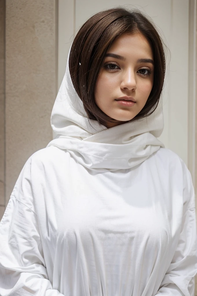 People with short brown hair wear white clothes.

People who wear a black hijab are female and wear white clothes.