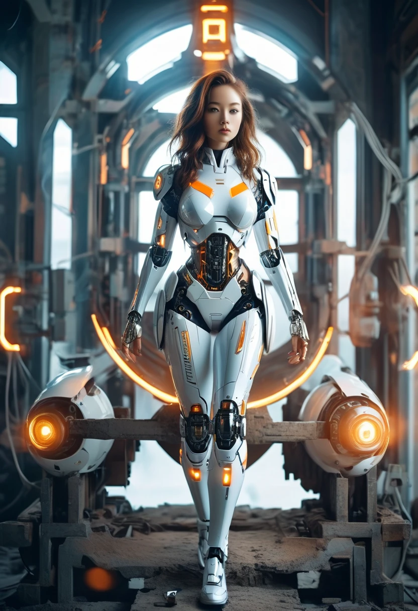There is a woman in robot suit posing next to ancient building, beautiful white girl half-cyborg, cute cyborg girl, beautiful girl cyborg, perfect robot girl, cyborg girl, young cyborg lady, beautiful female robot, beautiful robot woman, cyborg-girl, perfect cyborg female, porcelain cyborg, female robot, beautiful cyborg image