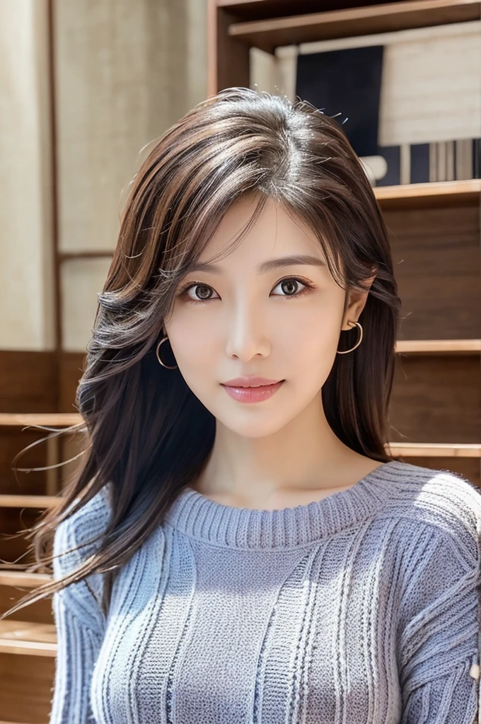 8hair, Very detailed, masterpiece, Highest quality, Photorealistic, Detailed face, Beautiful Eyes, Age 35, Sexy Woman, 1 person, Cute face, The lower lip is thick and full, Look forward, Nice body, (Lightweight knit dress), Upper Body, ((look into the viewer'Eyes)), Detailed face, Beautiful Eyes, In a hotel room, bangs, Shapely breasts, Cleavage, Black straight hair, Cowboy Shot, ((Place your arms between your legs))