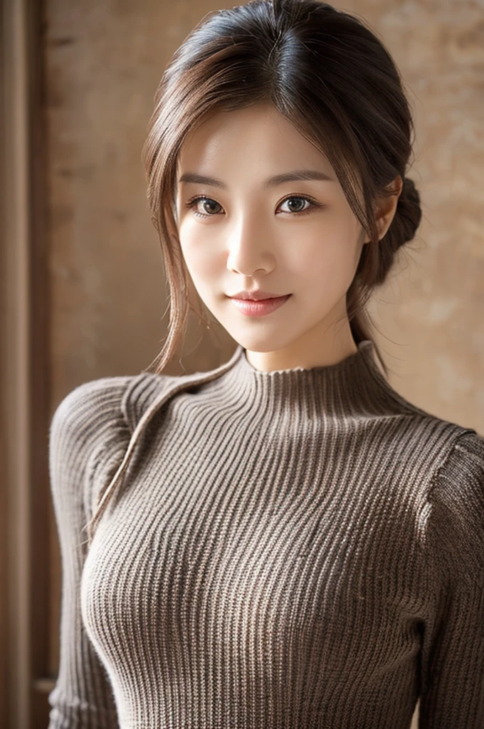 Japan woman in turtleneck sweater、
(((​masterpiece))), ((top-quality)), ((intricate detailes)), (((hyper realisitic)), Absurd resolution, Near and far law, ighly detailed, Realistic, 1girl in, ((Colossal tits)), perfect hand, Detailed finger, beatiful detailed eyes, shorth hair, Brown-eyed,(turtle neck:1.2), tight skirts, 细致背景, a choker, perfect  eyes, mesmerizing eyes, Look at viewers, from the front side、A smile、Mole on the mouth、Knitted dresses