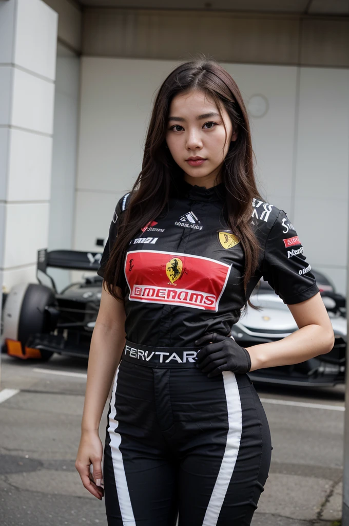 A Korean girl with a Ferrari Formula 1 team theme, with creative clothing