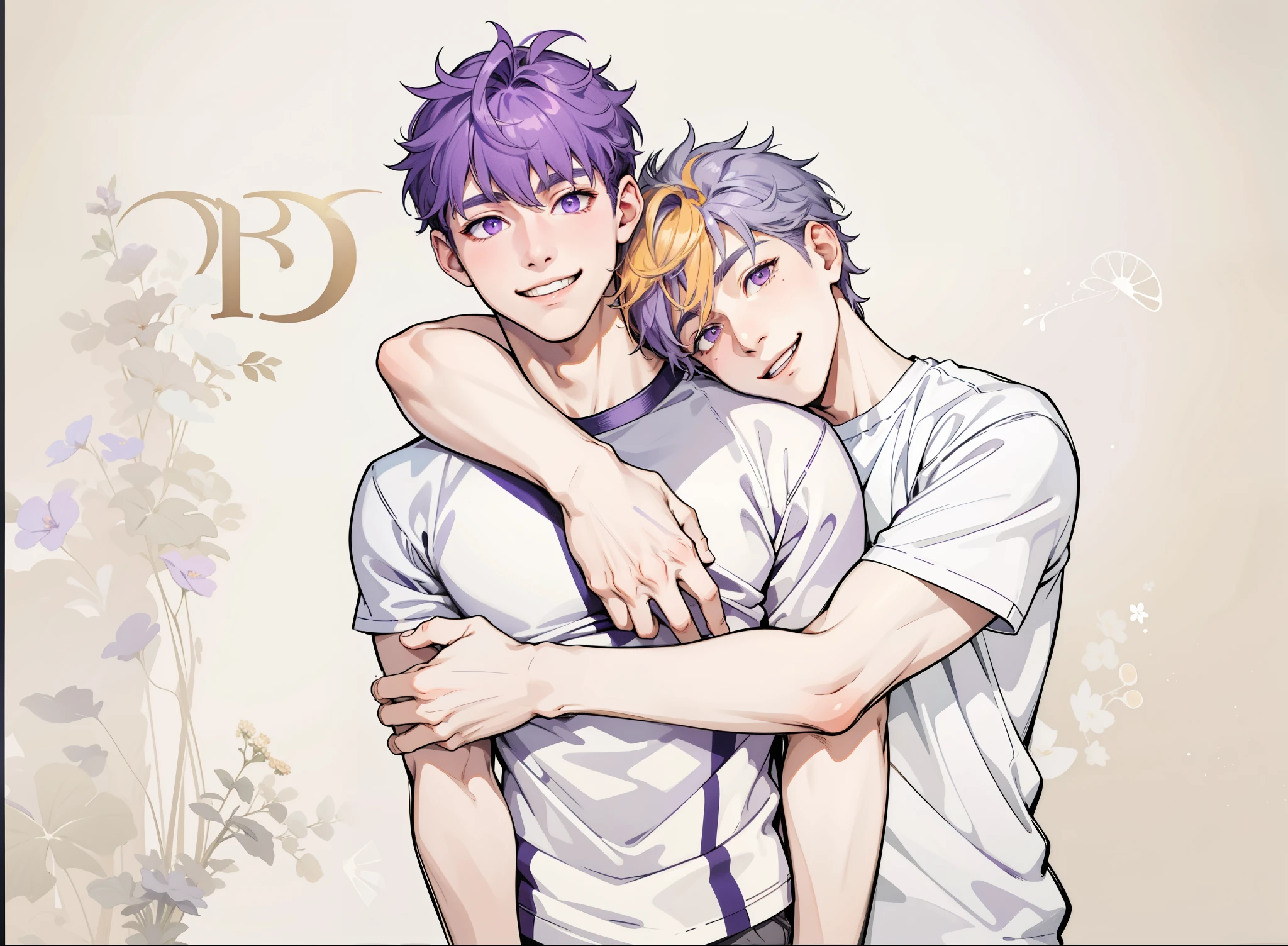 There are two 16-year-old male boys with purple hair and gray hair., purple eyes and gray eyes hug him and smile lovingly