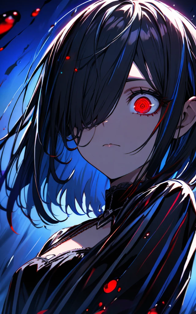 (masterpiece)、(absurdres)、(ultra detailed),Crazy Eyes、despair、Dark Side、closed mouth,Blood droplets、darkness,Blood pool space、Blood dripping background:1.3、solo girl、slender:1.1、shiny ultramarine hair、straight hair、short bobcut:1.1、hair covering one eye:1.1、small breast:0.8、ultramarine eyes:1.2、irisless eyes:1.1、white gothic dress,black detailed,birds-eye angle,high angle,