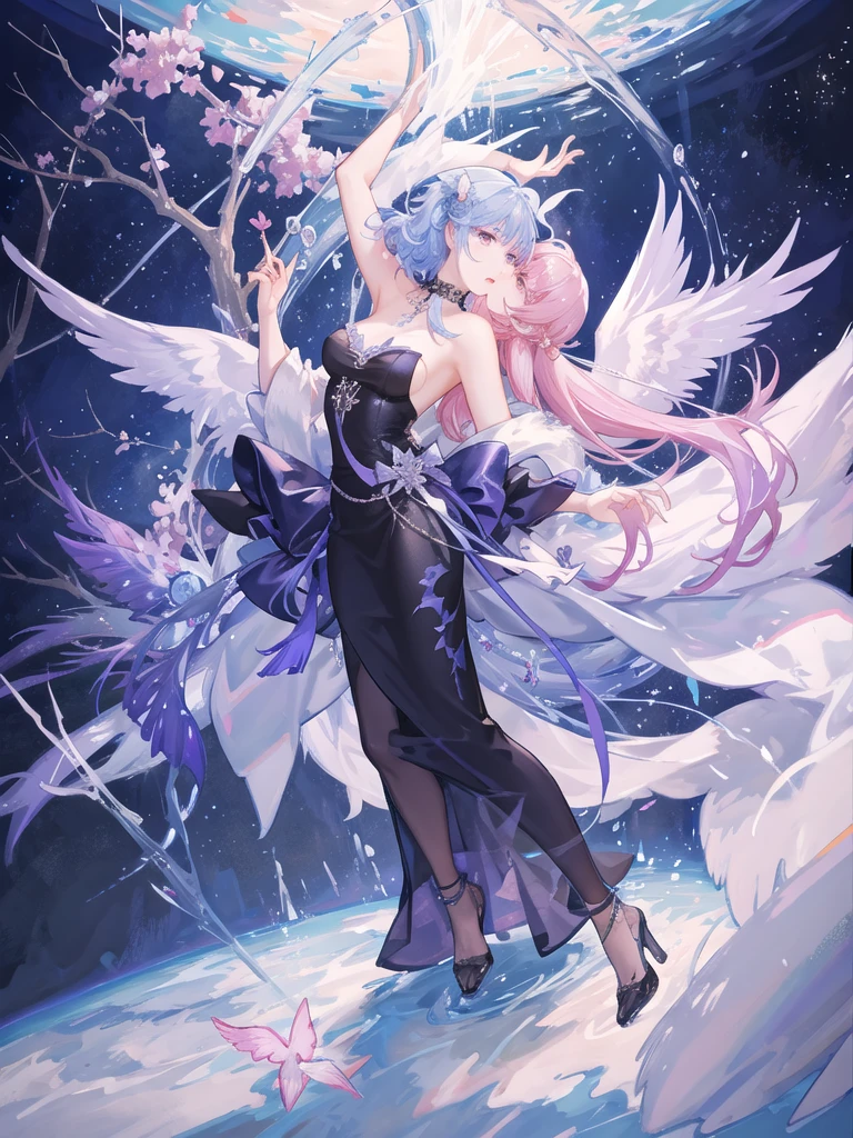 girl,full body,(detailed face:1.2), Masterpiece, fashion,black dress,, medium hair, light pink purple hair, purple pink eyes,There are wings hanging on the head.,white background,vtuber,full HD,The bat wings on the left side of the head are white.,Long hair braided in the back,Shoulder length front hair,purple highlighted hair color,There is a black choker on the neck.,full body,หน้าชัดมาก,สมบูรณ์แบบ,ลายชุดเป็นดาวสีเหลือง,ลายชุดสีเหลืองลายเงาค้างคาวที่ชายกระโปงและเสื้อ,กระโปร่งสั้นเหนือเขา,(กระโปร่งพ่อง:1.2),ปีค้างคาวบนหัวแบบทึบสีดำเล็กไม่ใหญ่,คนเดียว,คิวสีชมพูม่วง,ขนตาสีชมพูม่วง
