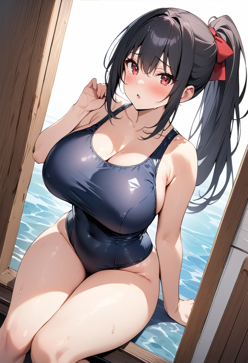 masterpiece、Highest quality、Best image quality、High resolution、Big Breasts、Black Hair、Red eyes、ponytail、Black school swimsuit、Muji school swimsuit
