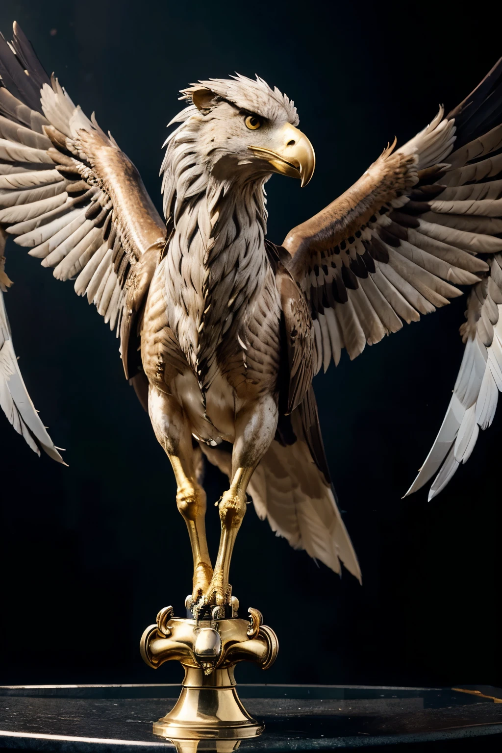 Logo Style Overview:

classical heraldry, inspired by medieval shields.
Faucet Position:

A majestic griffin in a guard pose, with the body of an eagle and the hind legs of a lion.
Detailed Features:

Head and Wings:

eagle head, with sharp and expressive beak.
Penetrating eyes looking forward or slightly in profile.
Large, upwardly spread wings, showing feather details.
Body and Extremities:

Front part of the body with detailed plumage.
Eagle front talons with sharp, prominent nails.
Back of body and hind legs of lion, muscular and strong.
Lion tail, elegantly curved.
Additional details:

Detailed plumage on wings and body.
Textured fur on hind legs and tail.
color:

Gold or silver for the faucet.
dark background, preferably black or navy blue, to highlight the gold/silver faucet.
Additional Texts:

Above the tap: "Promotion 2024".
down the tap: "Courage and Honor" (or any representative motto).